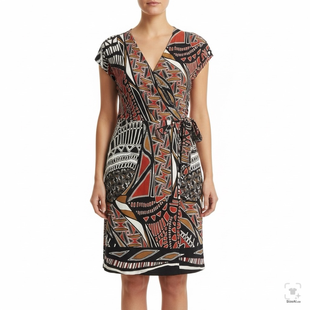 Cato Women Medium Fall Abstract Deometric Wrap Tie Waist Short Sleeve Midi Dress